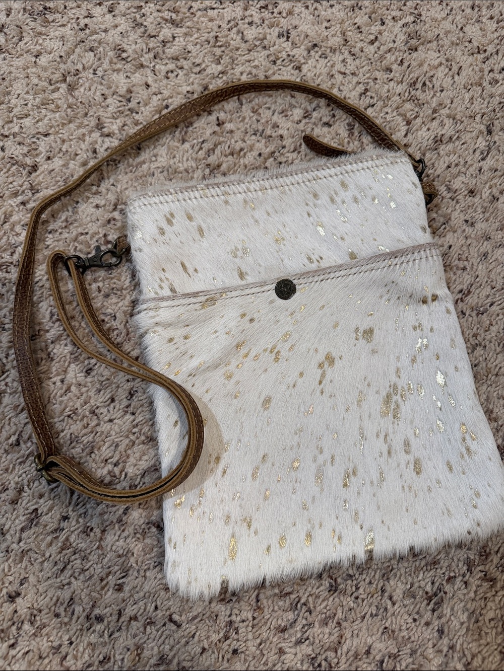 Myra Bag White Crossbody with Gold Metallic Spots and Tan Strap